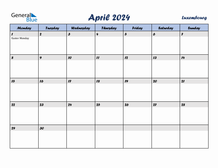 April 2024 Calendar with Holidays in Luxembourg