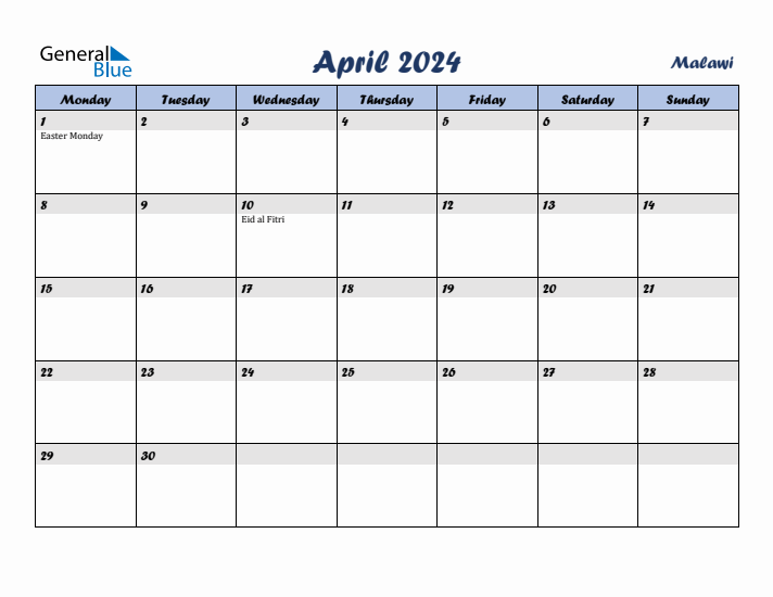 April 2024 Calendar with Holidays in Malawi