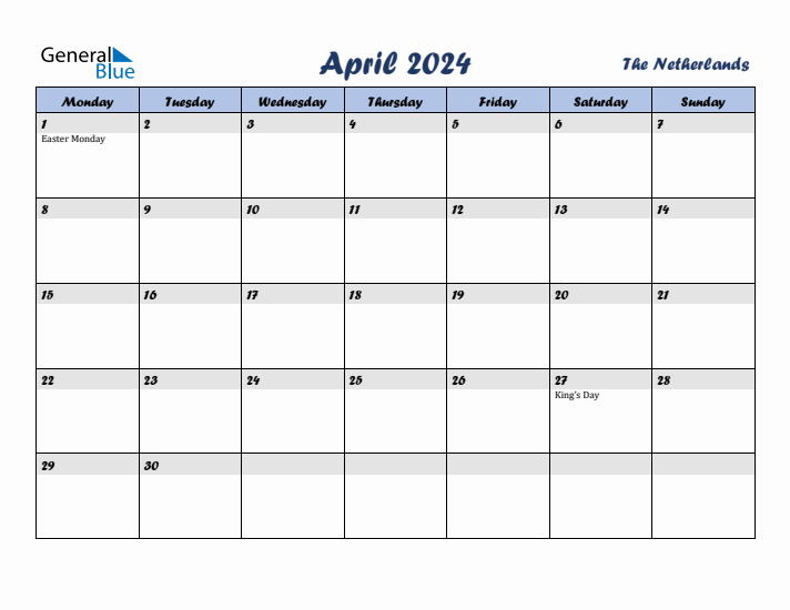 April 2024 Calendar with Holidays in The Netherlands