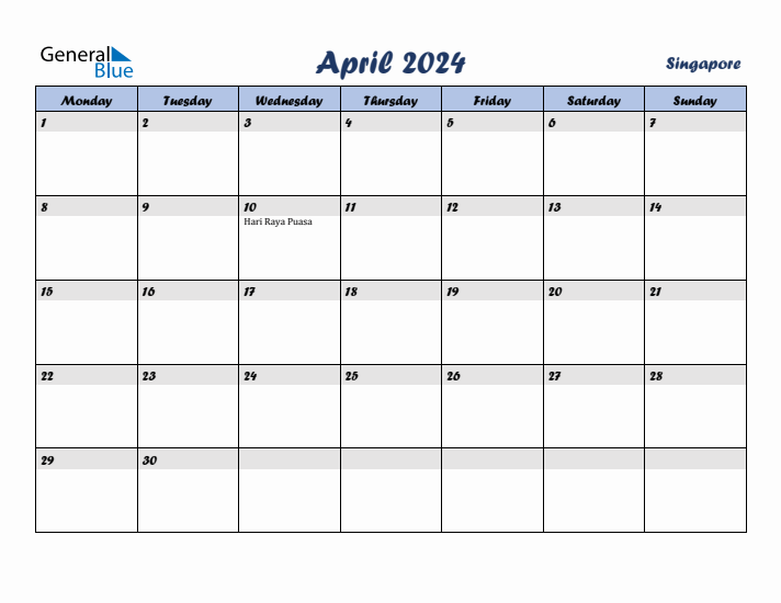 April 2024 Calendar with Holidays in Singapore