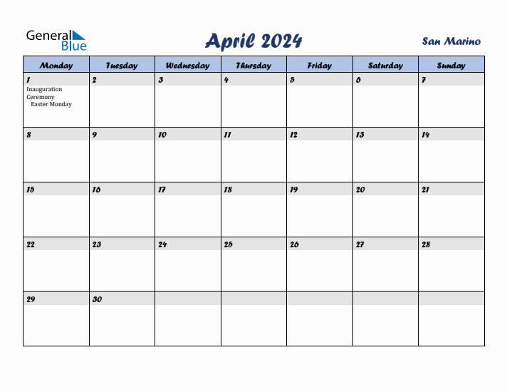 April 2024 Calendar with Holidays in San Marino