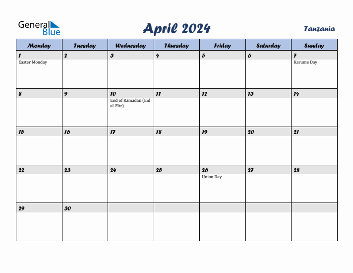 April 2024 Calendar with Holidays in Tanzania