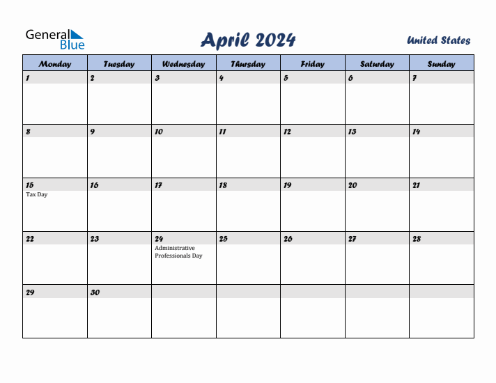 April 2024 Calendar with Holidays in United States