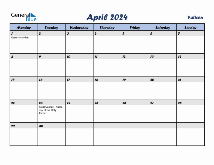 April 2024 Calendar with Holidays in Vatican