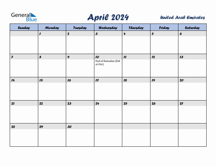 April 2024 Calendar with Holidays in United Arab Emirates