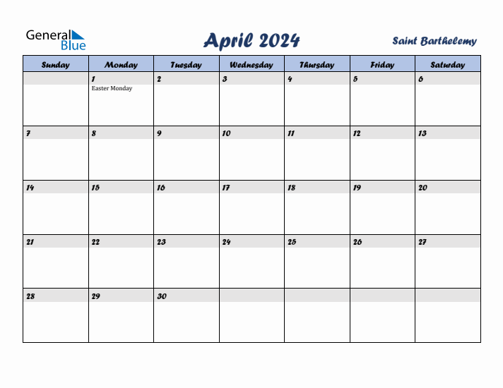 April 2024 Calendar with Holidays in Saint Barthelemy