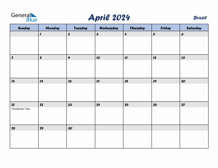 April 2024 Calendar with Holidays in Brazil