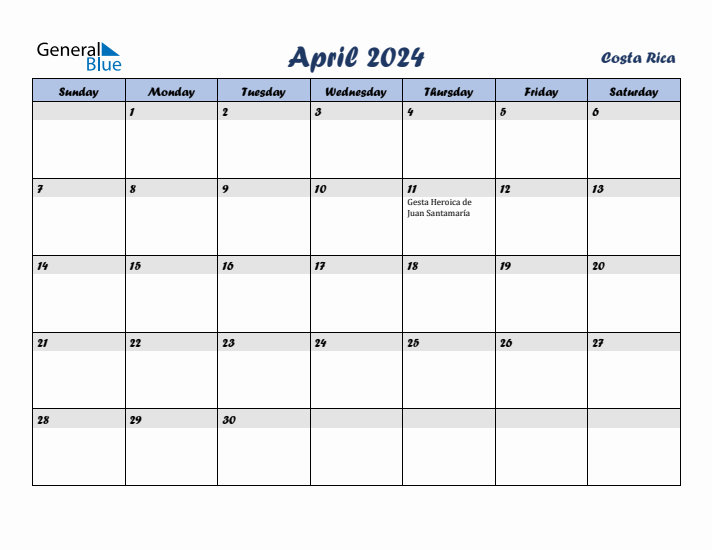 April 2024 Calendar with Holidays in Costa Rica