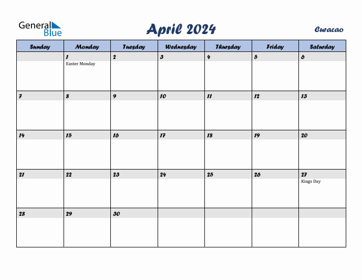 April 2024 Calendar with Holidays in Curacao