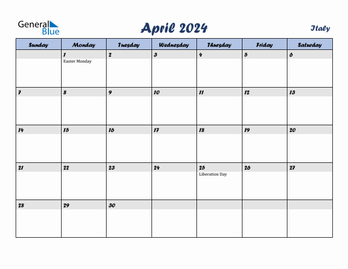 April 2024 Calendar with Holidays in Italy