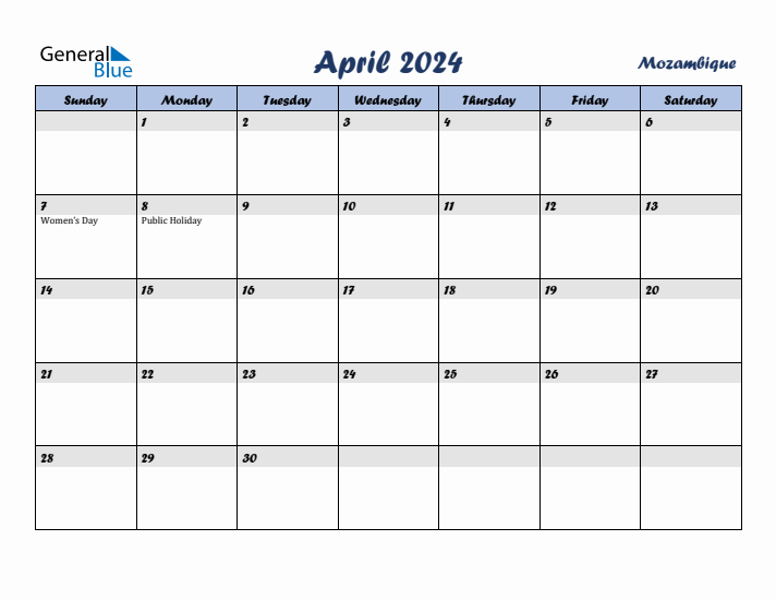 April 2024 Calendar with Holidays in Mozambique