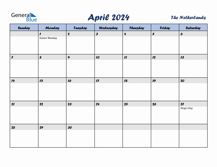 April 2024 Calendar with Holidays in The Netherlands