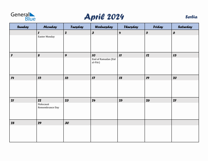 April 2024 Calendar with Holidays in Serbia