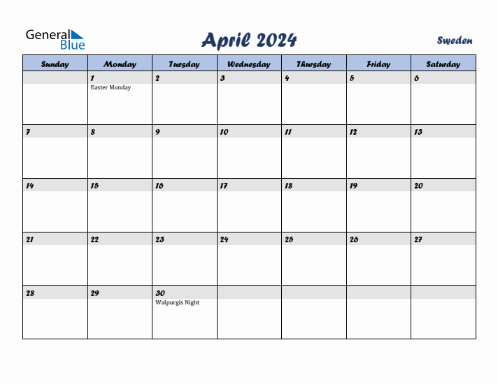 April 2024 Calendar with Holidays in Sweden