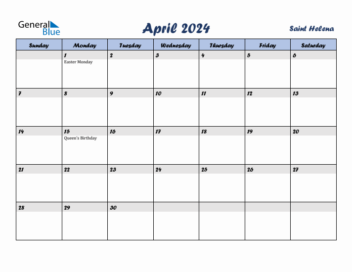 April 2024 Calendar with Holidays in Saint Helena