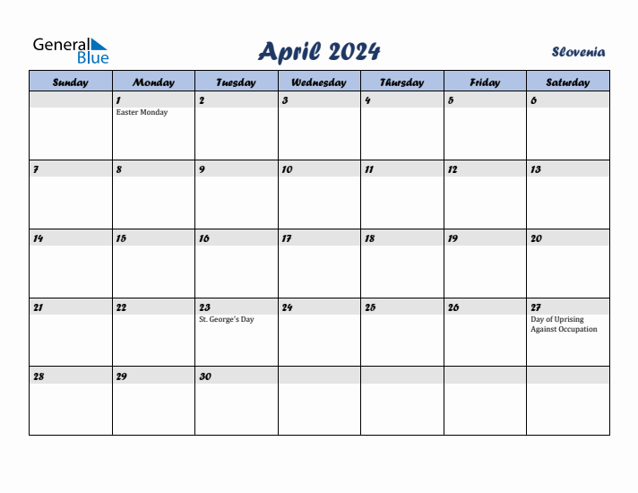 April 2024 Calendar with Holidays in Slovenia