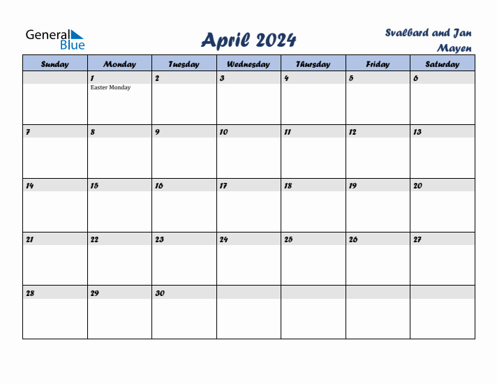 April 2024 Calendar with Holidays in Svalbard and Jan Mayen