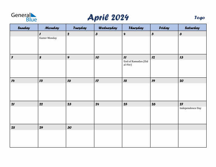 April 2024 Calendar with Holidays in Togo