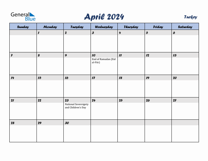 April 2024 Calendar with Holidays in Turkey