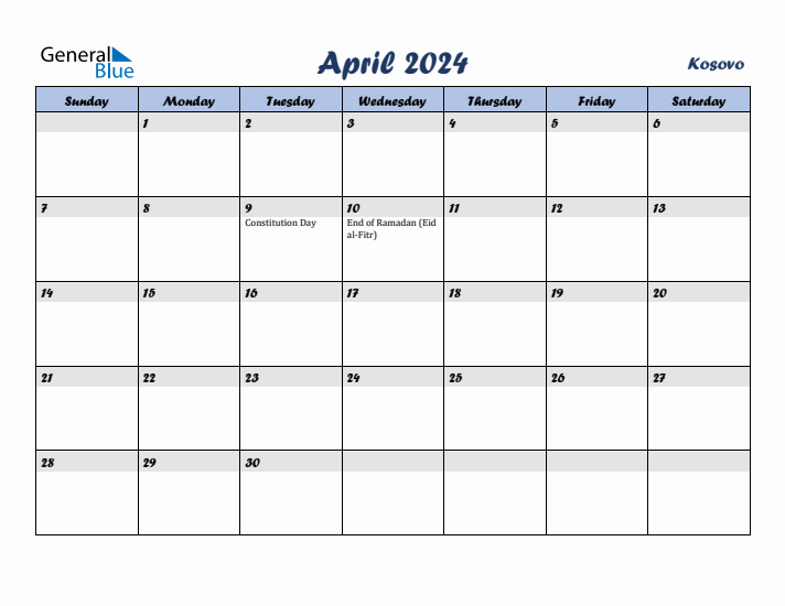 April 2024 Calendar with Holidays in Kosovo