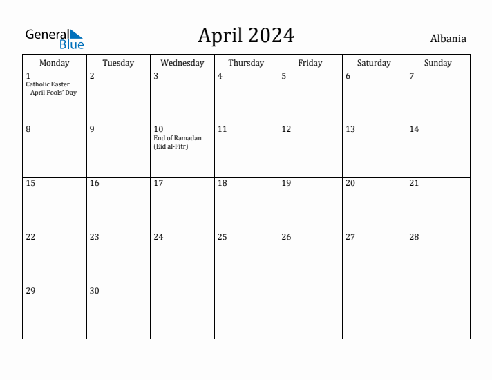 April 2024 Calendar Albania