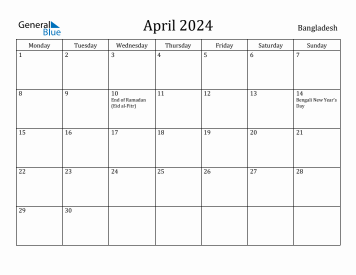 April 2024 Calendar Bangladesh