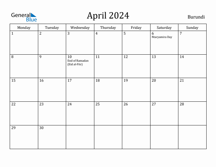 April 2024 Calendar Burundi