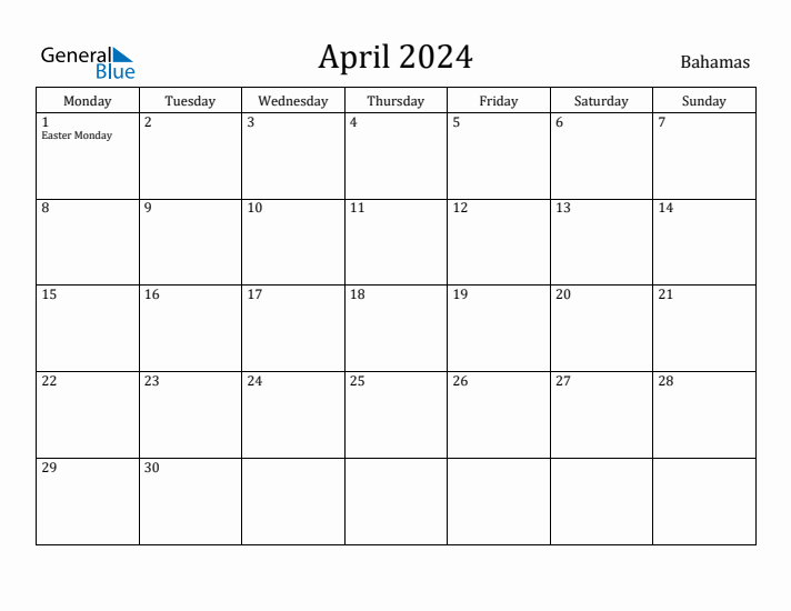 April 2024 Calendar Bahamas