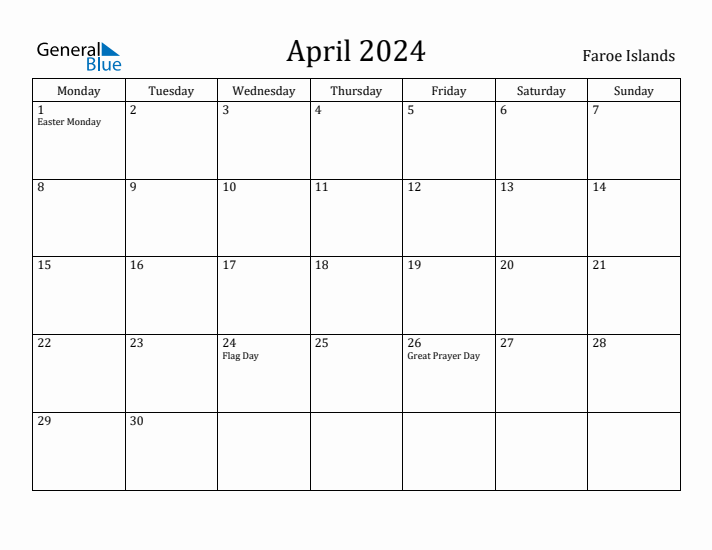 April 2024 Calendar Faroe Islands