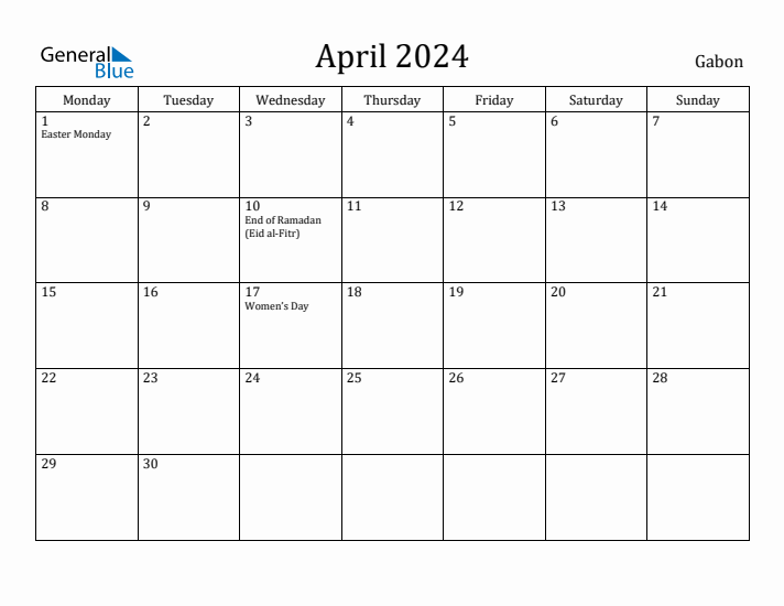 April 2024 Calendar Gabon