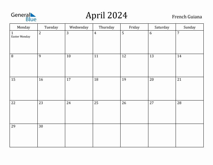 April 2024 Calendar French Guiana