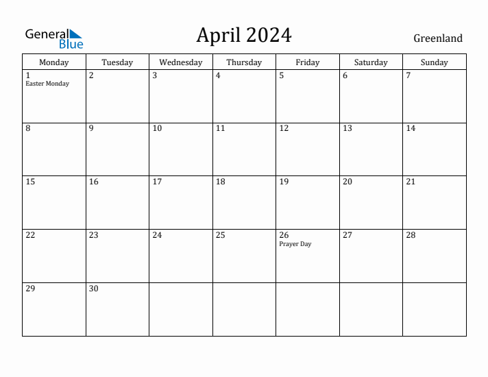 April 2024 Calendar Greenland