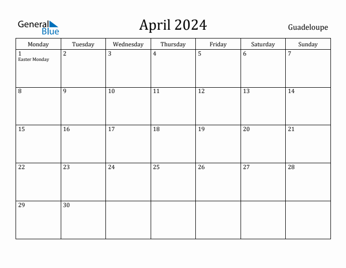 April 2024 Calendar Guadeloupe