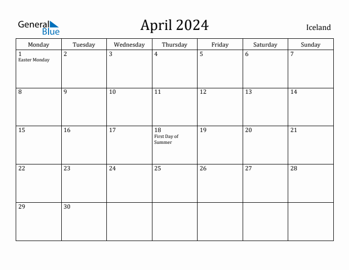 April 2024 Calendar Iceland