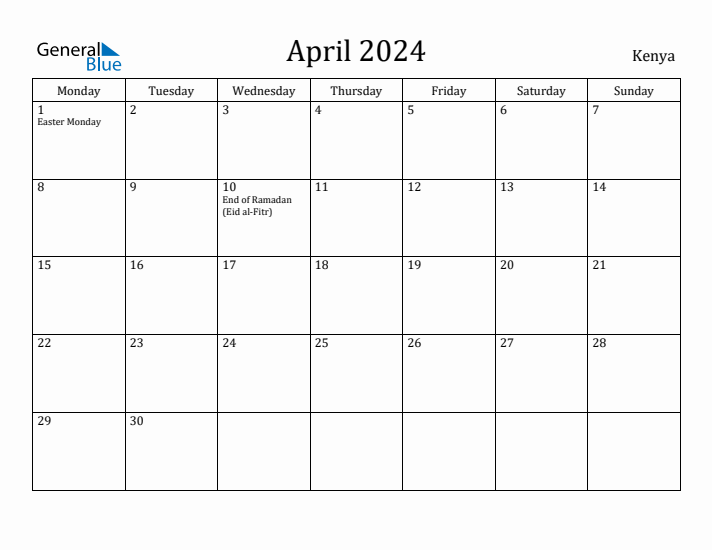 April 2024 Calendar Kenya