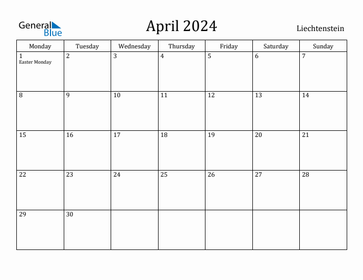 April 2024 Calendar Liechtenstein