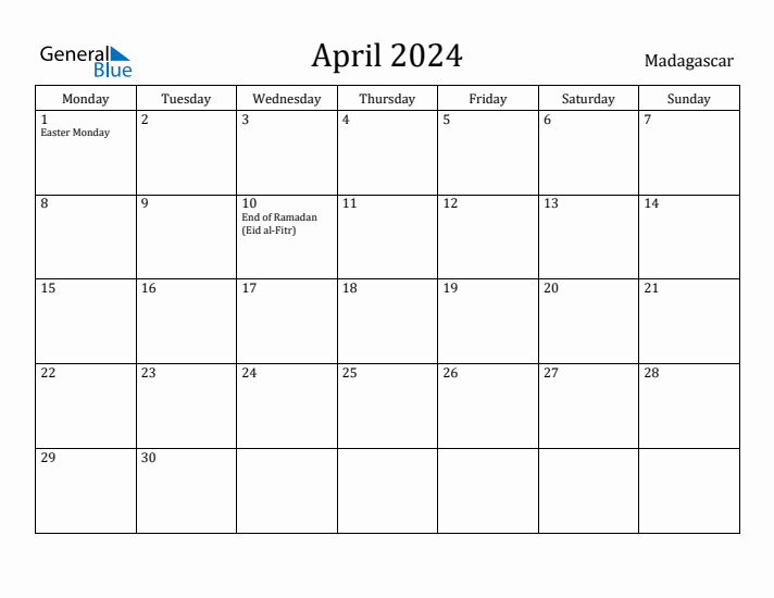 April 2024 Calendar Madagascar