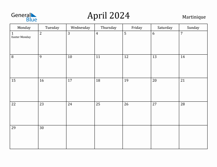 April 2024 Calendar Martinique