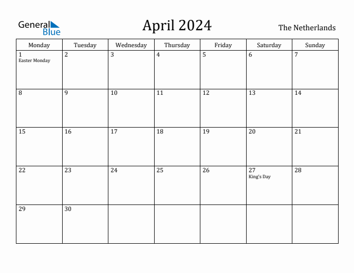 April 2024 Calendar The Netherlands