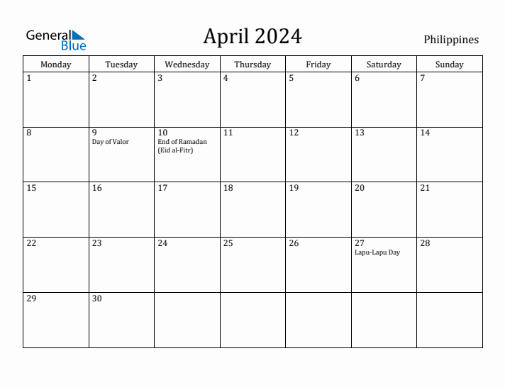 April 2024 Calendar Philippines