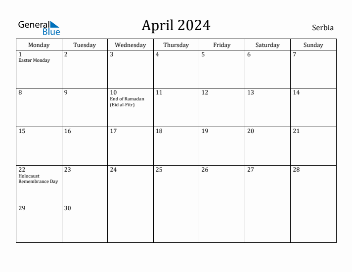 April 2024 Calendar Serbia