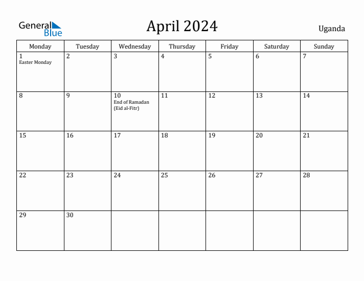 April 2024 Calendar Uganda