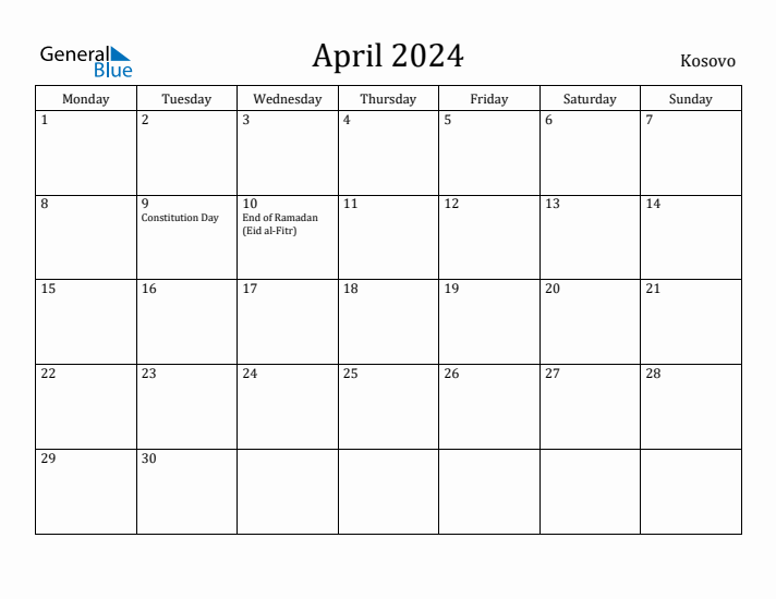 April 2024 Calendar Kosovo