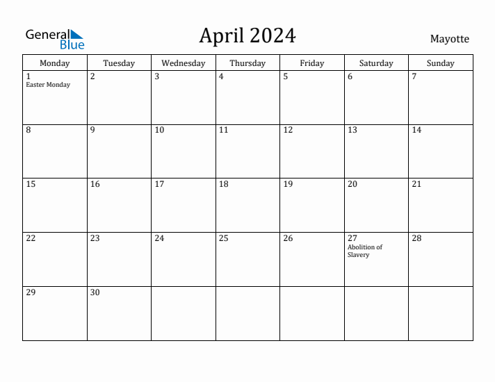 April 2024 Calendar Mayotte