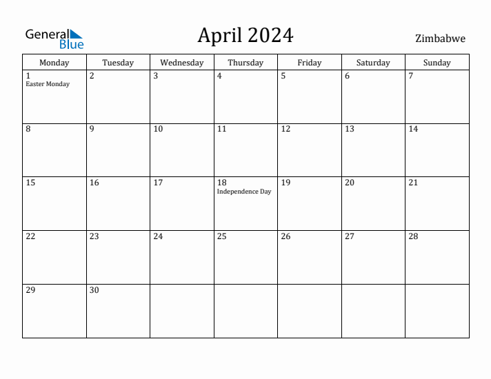 April 2024 Calendar Zimbabwe