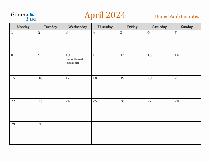 April 2024 Holiday Calendar with Monday Start