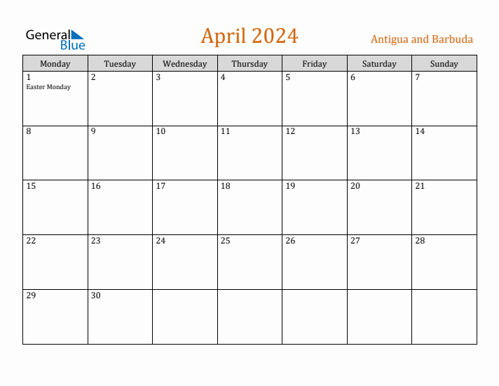 April 2024 Holiday Calendar with Monday Start