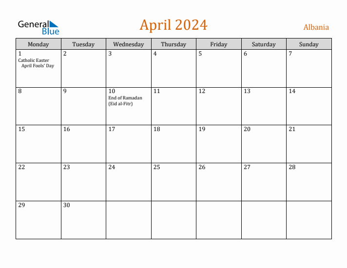 April 2024 Holiday Calendar with Monday Start