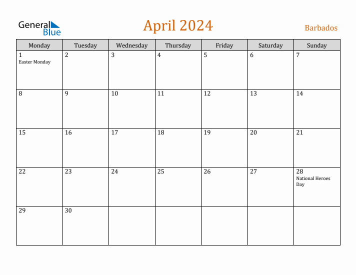 April 2024 Holiday Calendar with Monday Start