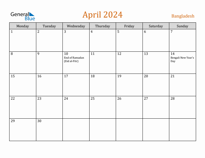 April 2024 Holiday Calendar with Monday Start